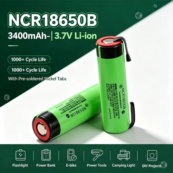 NCR18650B 18650 3,7V 3400mAh Lithium-Ionen-Akku mit vorgelöteten Nickelanschlüssen, 1000+ Zyklen für DIY-Akkupacks, Elektrowerkzeuge, E-Bikes, Powerbanks, Taschenlampen
