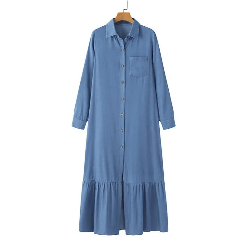 Women\'s Long Sleeved Loose Denim Dress with Lapel Button Up Cardigan Solid Color Casual Loose Denim Long Dress