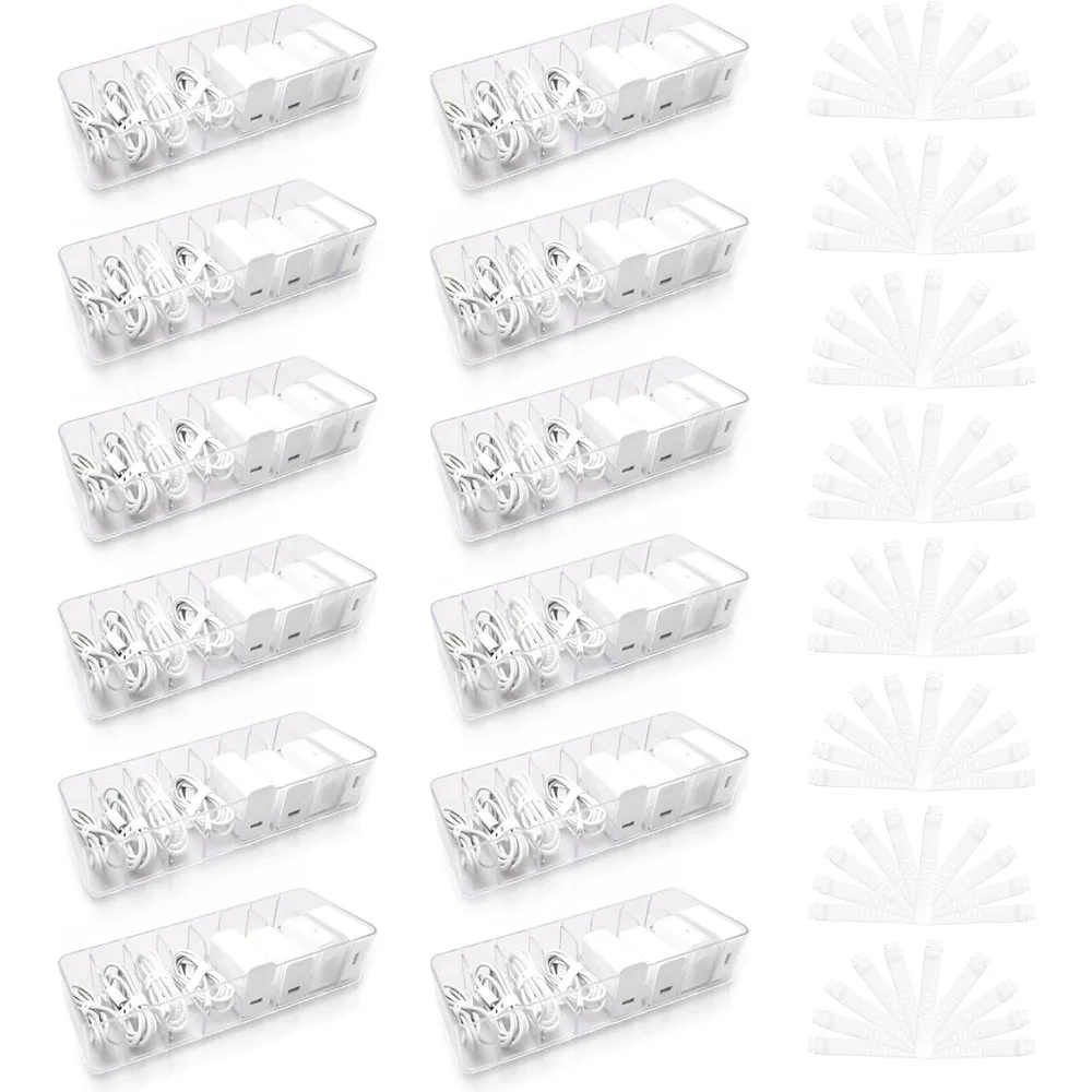 12 Pcs Clear Plastic Charger Organizer Box for Cable Storage with 120 Ties. Perfect for home and office desk organization.