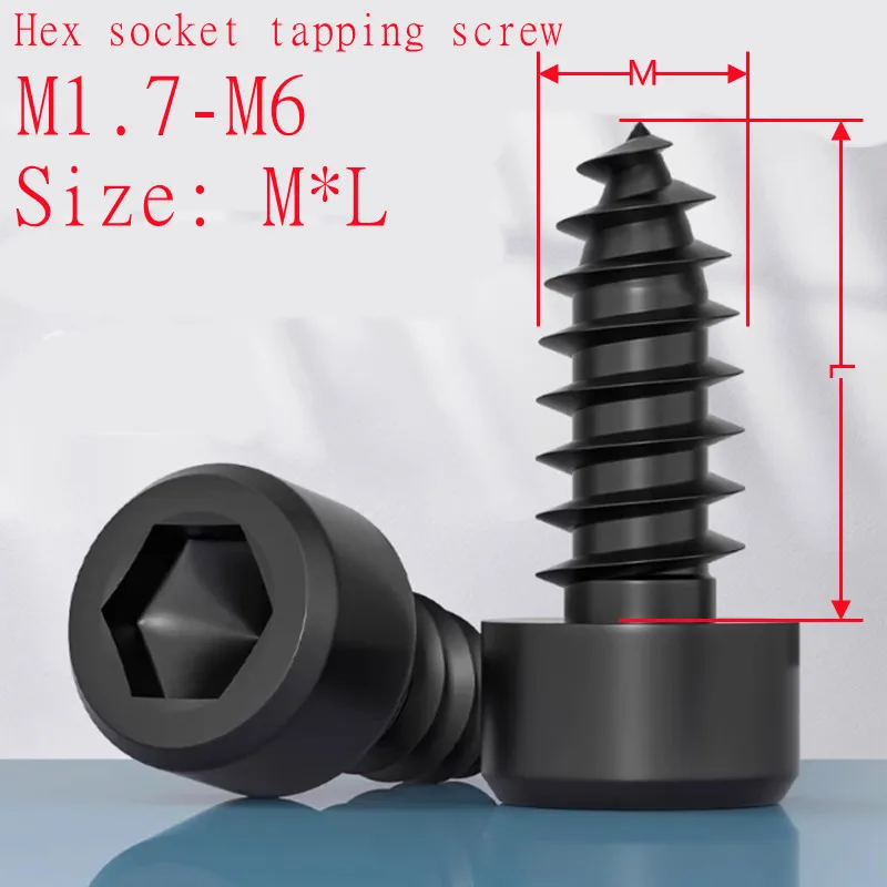 10-100pcs/lot M1.7 M2 M2.3 M2.6 M3 M3.5 M4 M5 M6 Carbon Steel Cap Black Hexagon Hex Socket Self-tapping Screws
