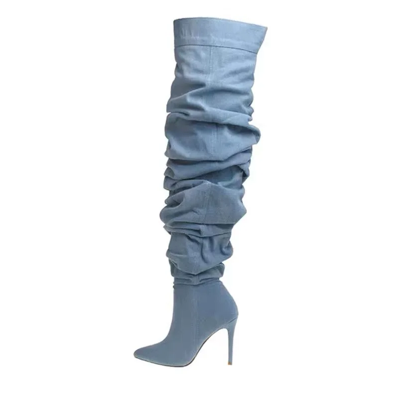 2023 Autumn Winter Women Thigh High Boots Blue Denim Slouchy Over The Knee Boots Side Zipper Pointed Toe High Heels Women Boots