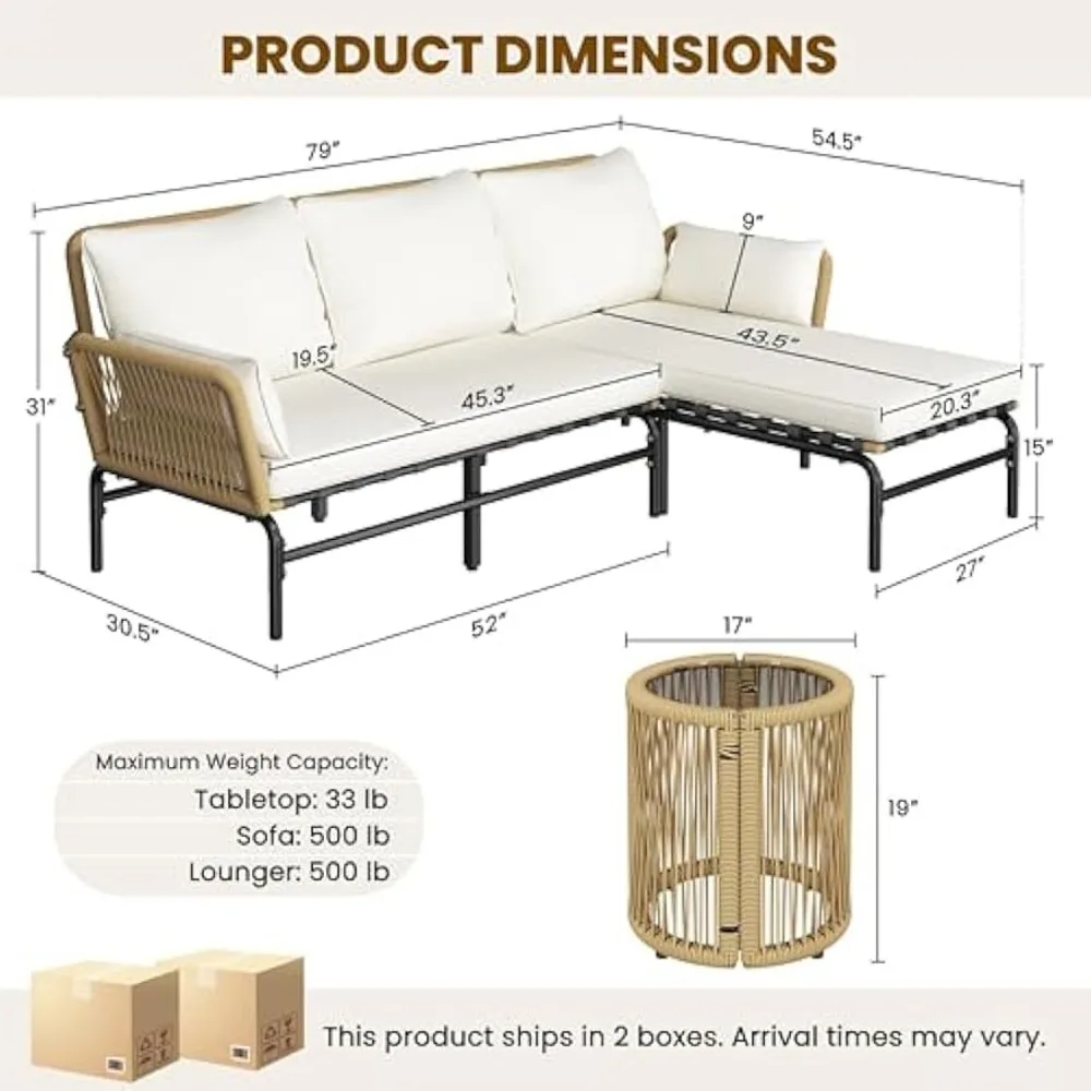 Juego de sofás de conversación en forma de L de 3 piezas, juego de muebles de patio al aire libre con tumbona desmontable, cojines gruesos, mesa auxiliar de vidrio para