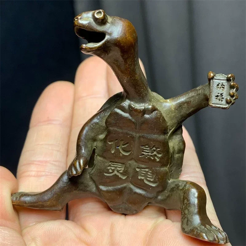 Solid Patina Copper Fortune Turtle Figurine Vintage Chinese Fengshui Wealth Gathering Tortoise Statue Home Curio Ornament