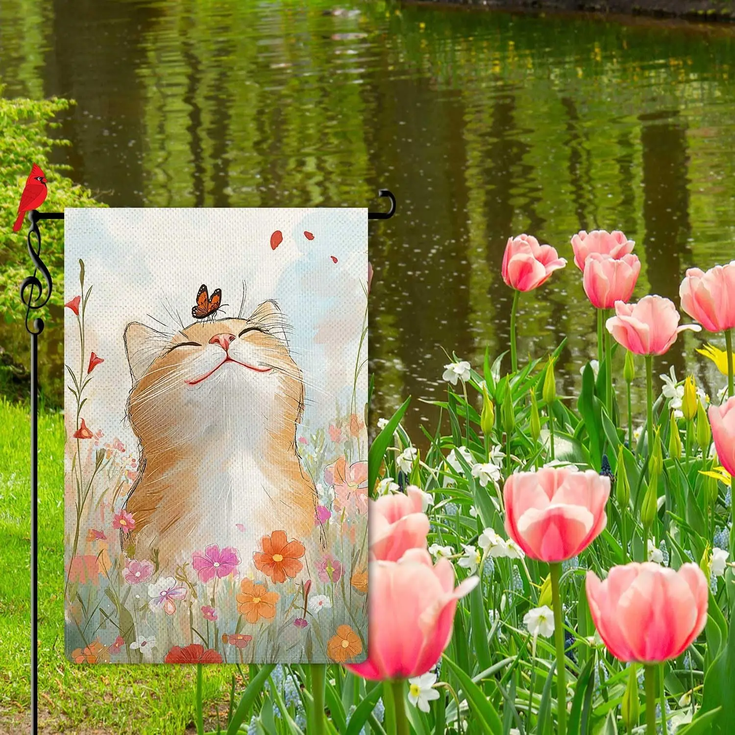 Spring Cute Cat with Butterfly Garden Flag Spring Summer Floral Flower Small Flag for Outside Burlap Double Sided Farmland W EEZ