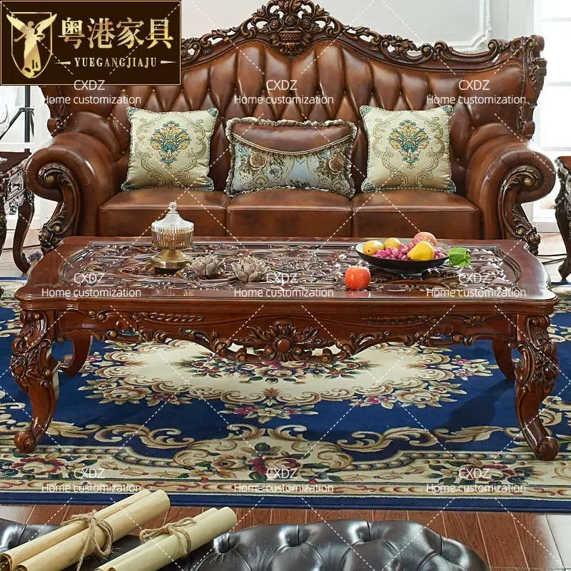 Luxury Marble Coffee Table Solid Wood Carving Flower TV Cabinet Combination Piano Paint Square Kung Fu Tea Table for Living