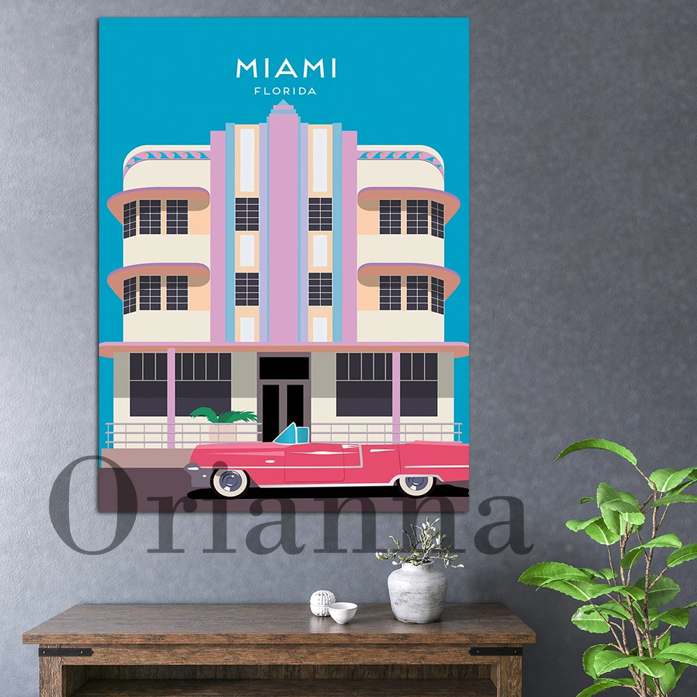 Florida Usa Travel Retro Miami Beach Car Wall Art Canvas Print Poster Modern Living Room Bedroom Decor Painting Travel Love Gift