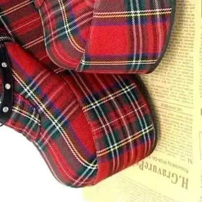 Women Red Plaid Wedge Platform Ankle Boots Multi‑Buckle Stud Spike Decor Side Zipper Punk Gothic Rock Cosplay Party Fashion Boot