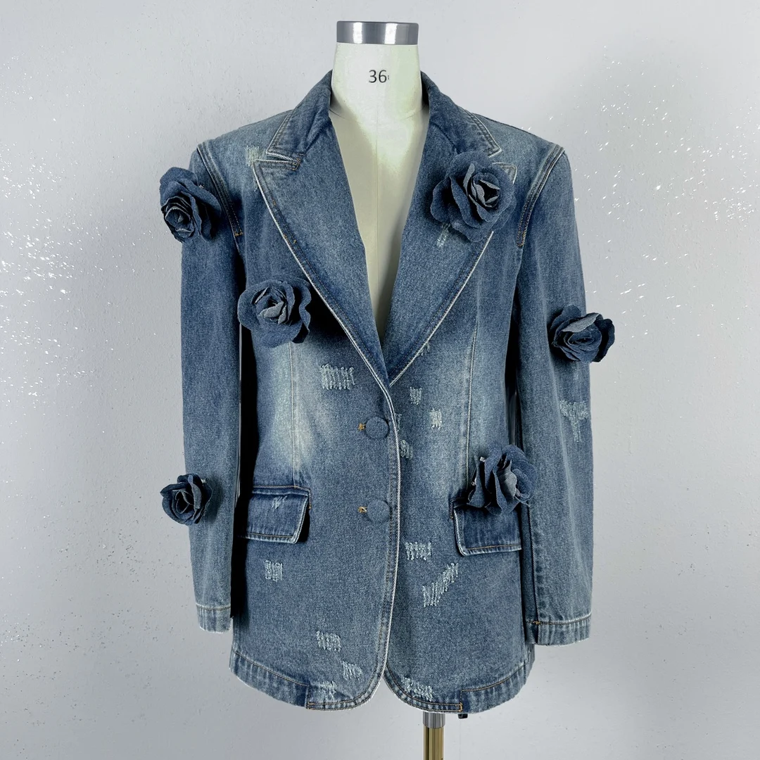 

2024 Spring/Summer New Women's Wear Three-Dimensional Flower Decorative Water Denim Jacket 0319