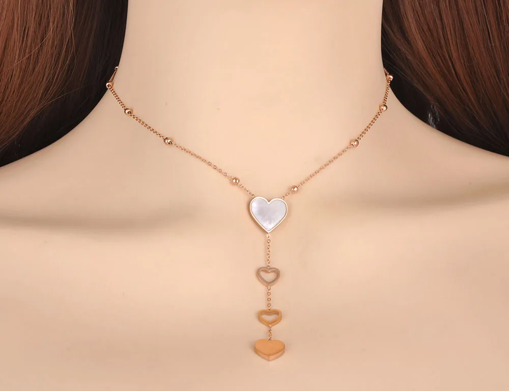 Lokaer Titanium Stainless Steel White Shell Love Heart Choker Necklaces Bracelets For Women Girls Trendy Jewelry Sets SE073