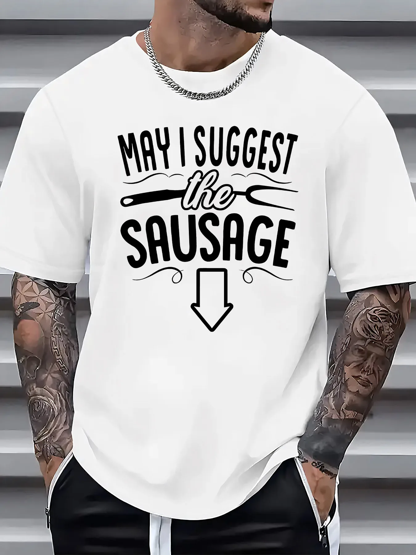 Recommended Sausage Print Men's Casual T-Shirt, Summer Men's Crew Neck Short Sleeve T-Shirt, Fashionable Versatile Trendy Printe