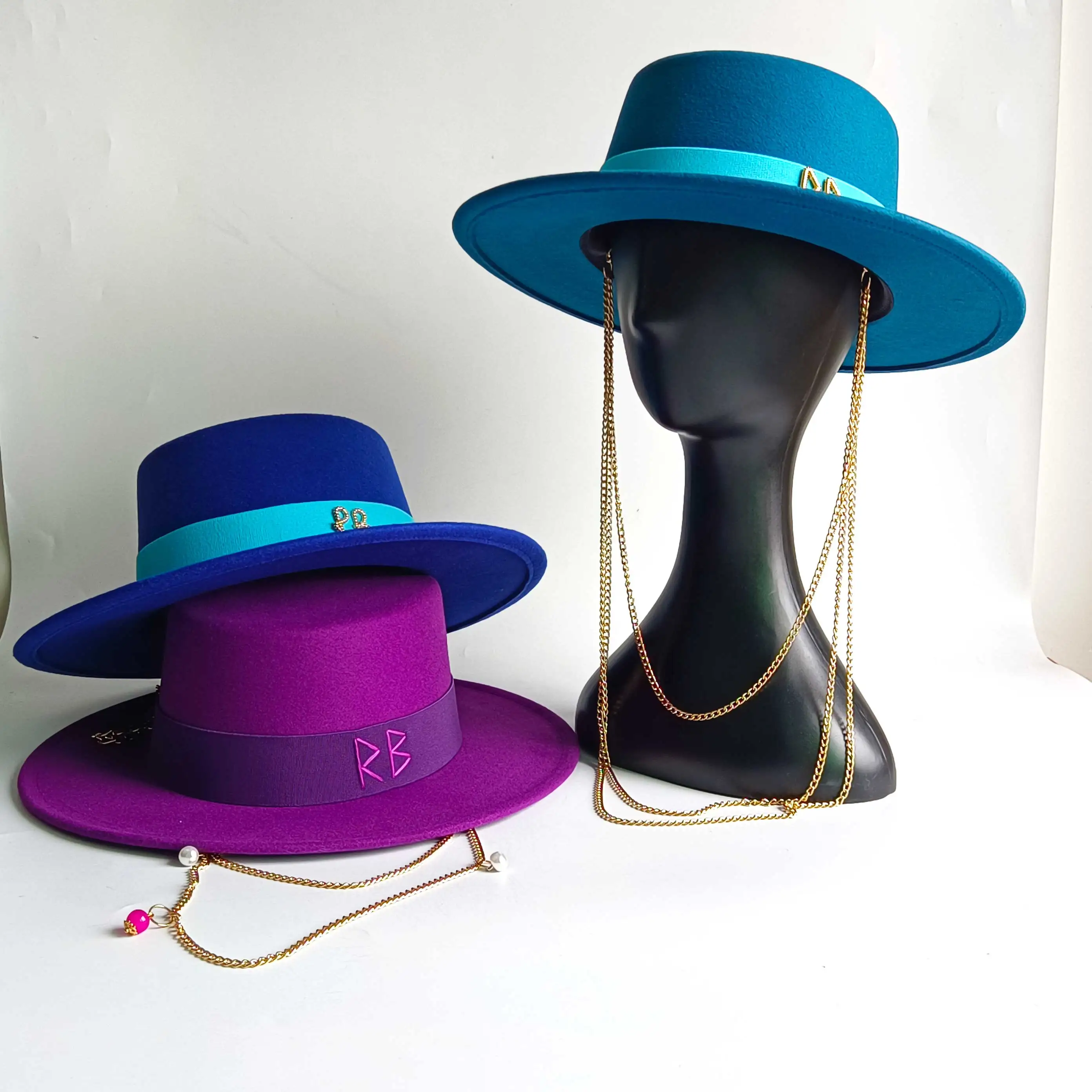 Peacock Blue French Elegant Flat Top Soft Felt Hat Women's Autumn and Winter Wide Brim Hat Somprero Hombre fedora