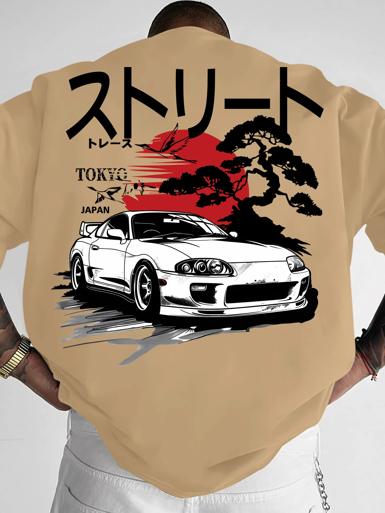 Übergroßes Vintage-Japanisches T-Shirt für Männer, Streetwear, Retro-Rennwagen-Landschaftsdruck auf der Rückseite, Grafik-T-Shirt mit Rundhalsausschnitt und kurzen Ärmeln – Detail 4