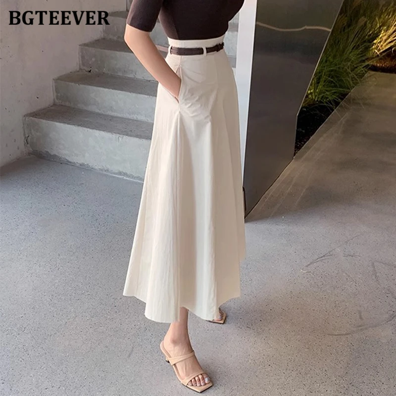 BGTEEVER Stylish High Waist Pockets A-line Skirts for Women Summer Elegant Loose Female Midi Skirts