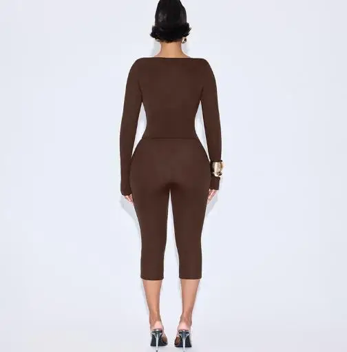 Autumn Irregular Slanted Neck Tight Fitting Long Sleeved Top and Solid Color Cropped Pants Set for Women's Casual 2-Piece Set