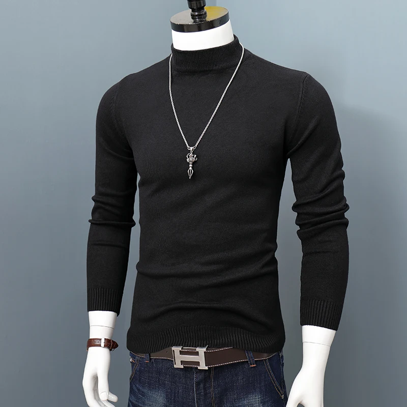 

Мужской вязаный свитер средней длины, свободный тонкий свитер с высоким воротником, осень-зима, теплый дышащий однотонный свитер с базовым слоем