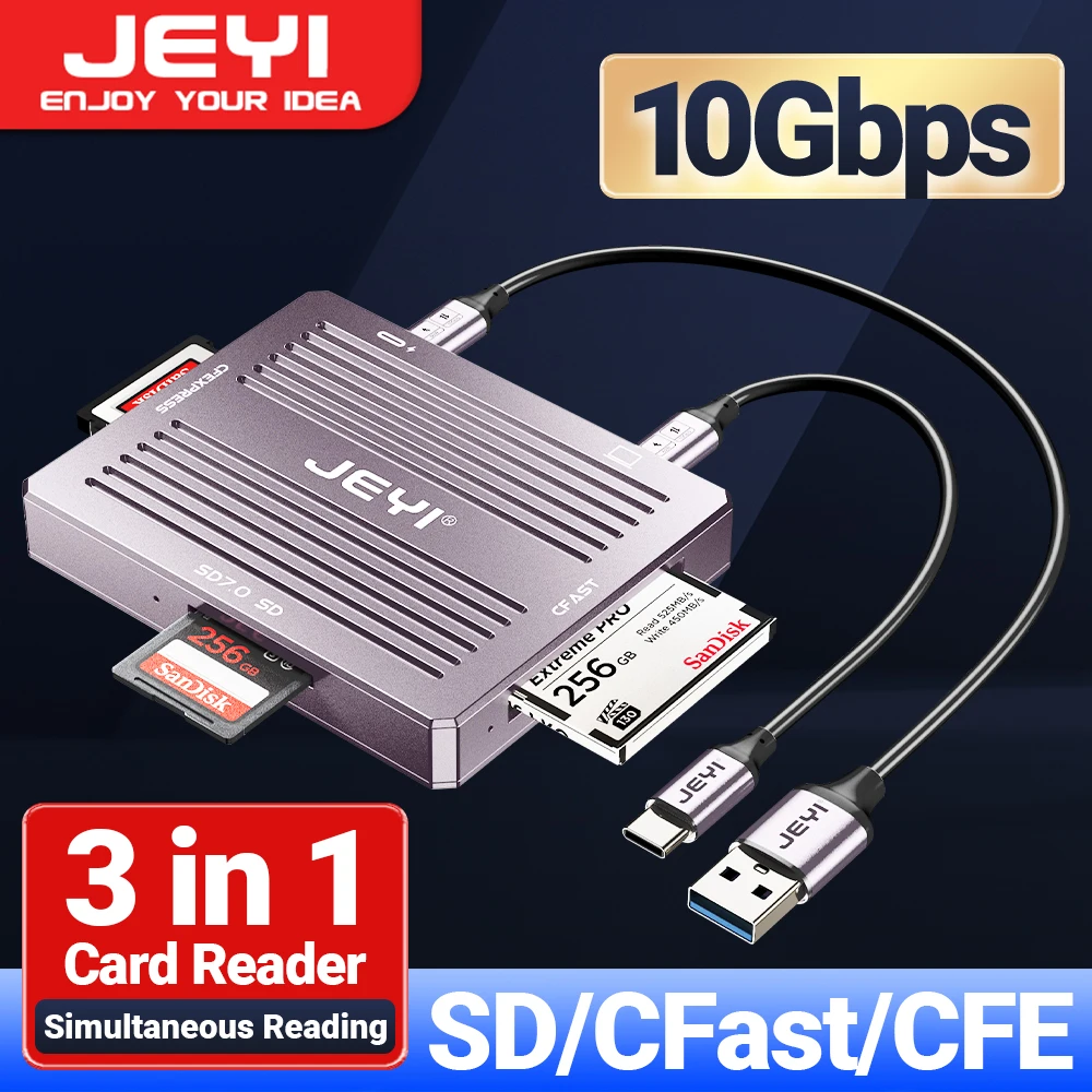 JEYI USB3.2 10Gbps SD/CFast/CFE 3 in 1 Card Reader, Read CFexpress Type B Card / CFast Card and SD 7 / SD Card Simultaneously