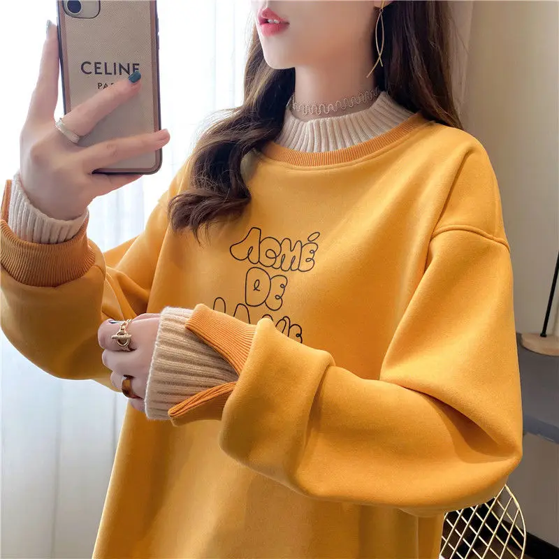 Women\'s Solid Color Pullover Ruffles Patchwork Printing Sweatshirts Autumn and Winter Korean Half High Neck Long Sleeve Tops