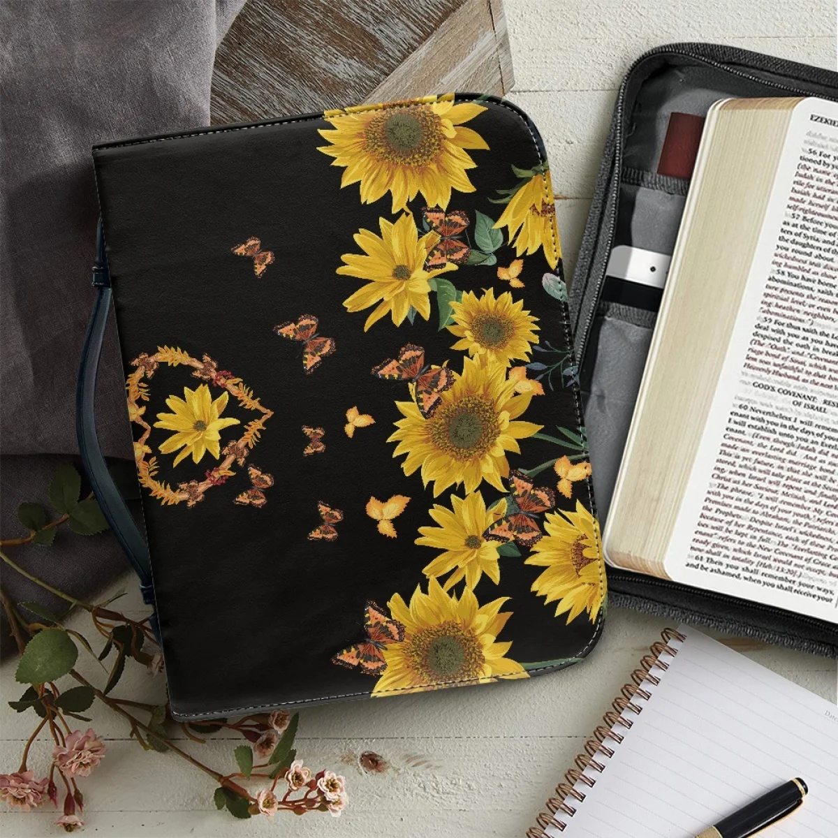 

FORUDESIGNS Butterfly Sunflower Bible Case Practical Classic Ladies Leather Handbag New Bible Study Bag Church Prayer Capa