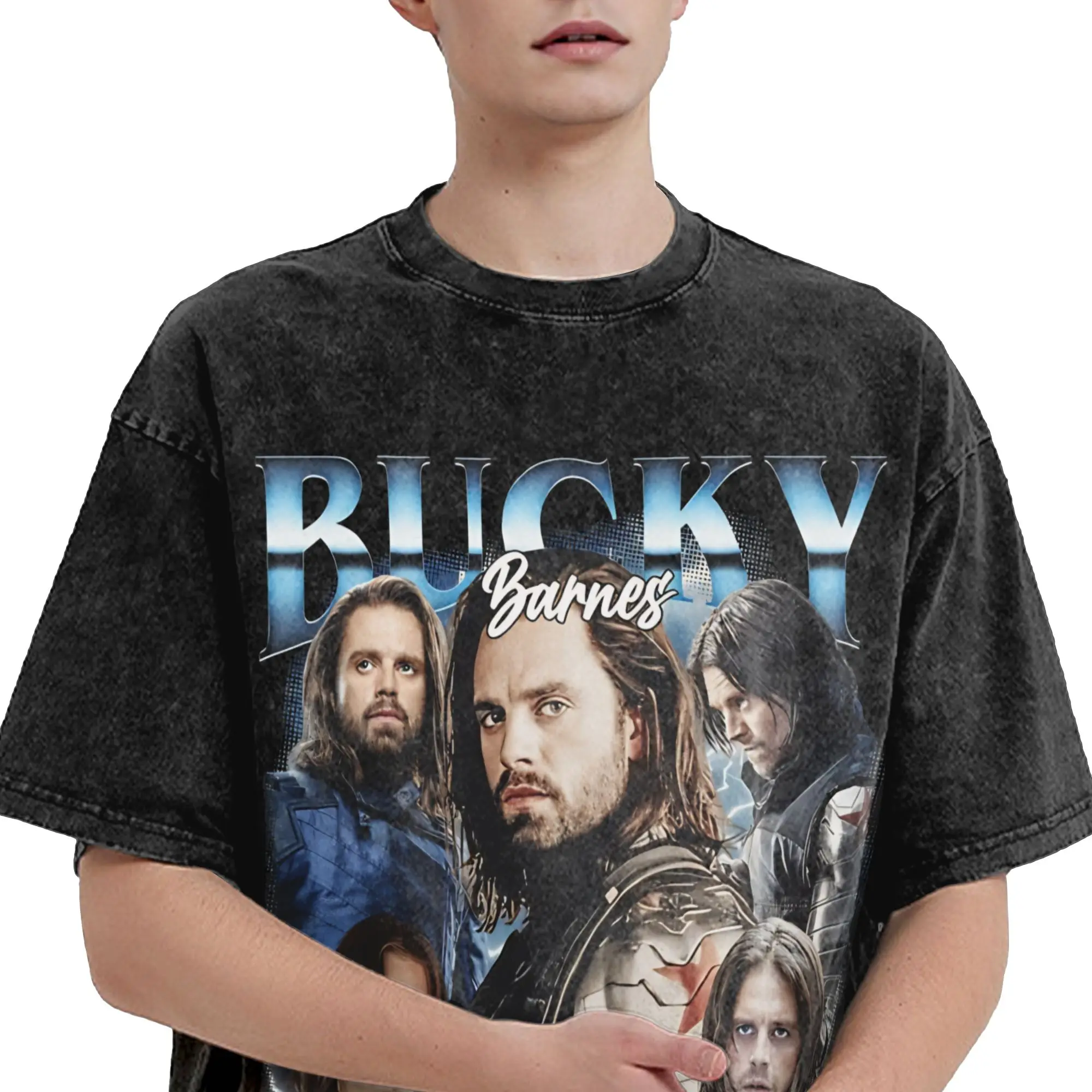 Soldier Bucky Barnes  T Shirt Hip Hop Washed Cotton Street T-Shirts  Vintage Men Women Streetwear Printed Tee Shirt
