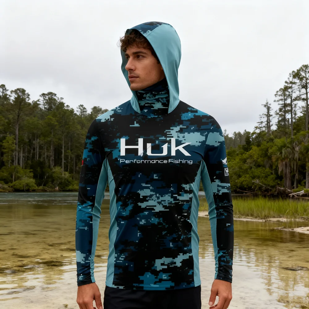 

HUK Hooded Fishing Shirts Men Mask Anti-UV Fishing Clothes Summer Long Sleeve Sun Protection T-shirts Caps Scarf Jerseys Apparel