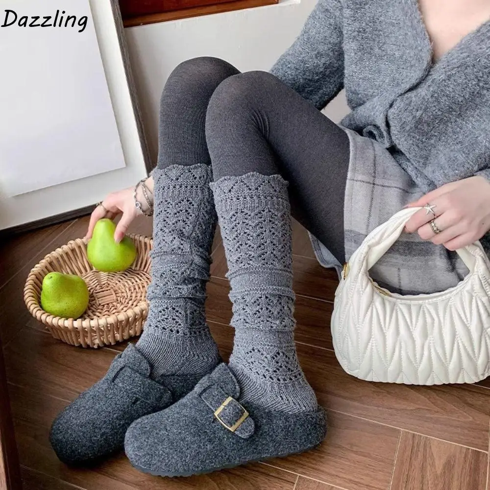 

Pile Socks Y2K Knitted Foot Cover Hollow Out Sweet Lolita Boots Cover Solid Color Mesh Design JK Knee High Socks Lolita