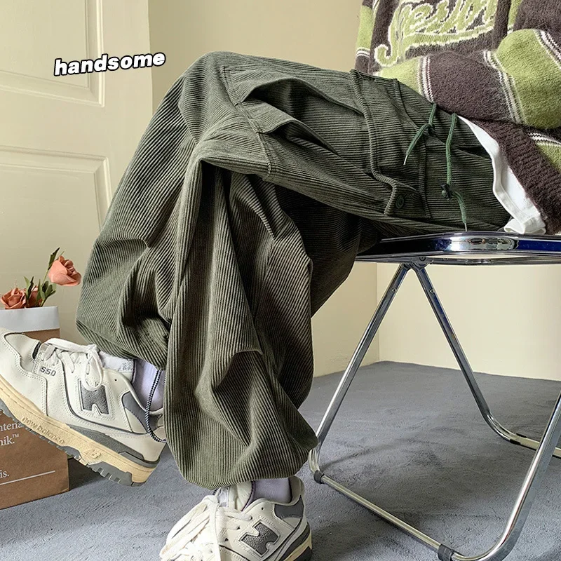 

Corduroy Men's Thickened American Retro Large Pockets Tying Feet Workwear Autumn Winter Drawstring Loose Trousers JJ794