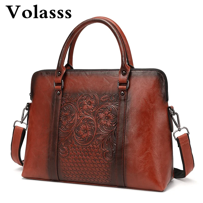 

VOLASSS Retro Women Messenger Bag Large Capacity Leather Top-handle Bags Vintage Embossed shoulder Bag Chinese Style Tote Bags