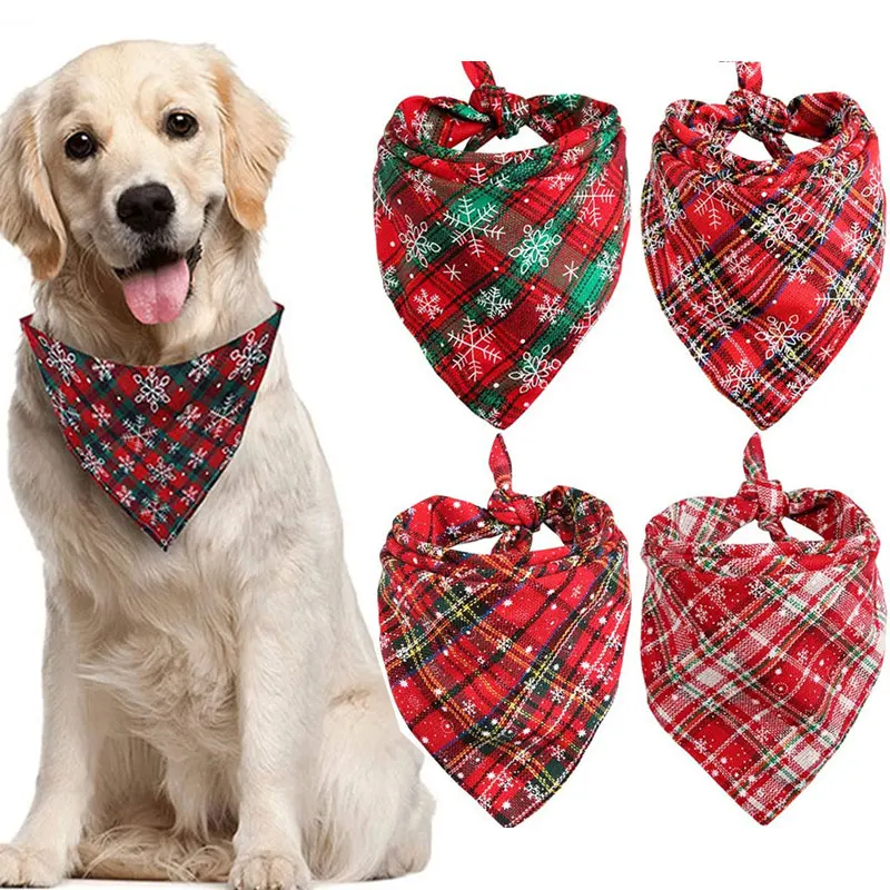 

Christmas Pet Dog Bandana Scarf Double Layer Cotton Plaid Pet Grooming Bibs Puppy Neckerchief Triangle Cute Xmas Saliva Towel