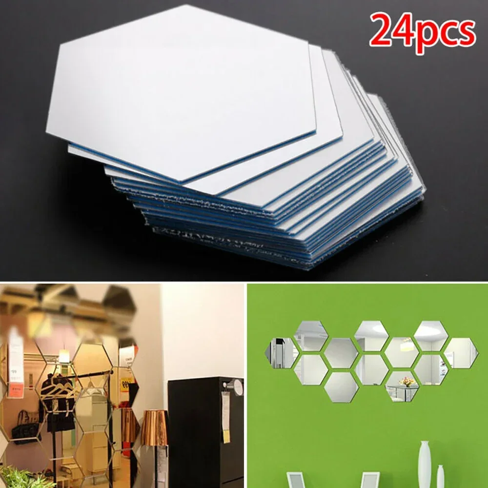 ​24pcs 3D Hexagon Mirror Wall Sticker Decal Home Room Washroom Decor DIY Self-adhesive Removable Mirror Wall Decor Stickers