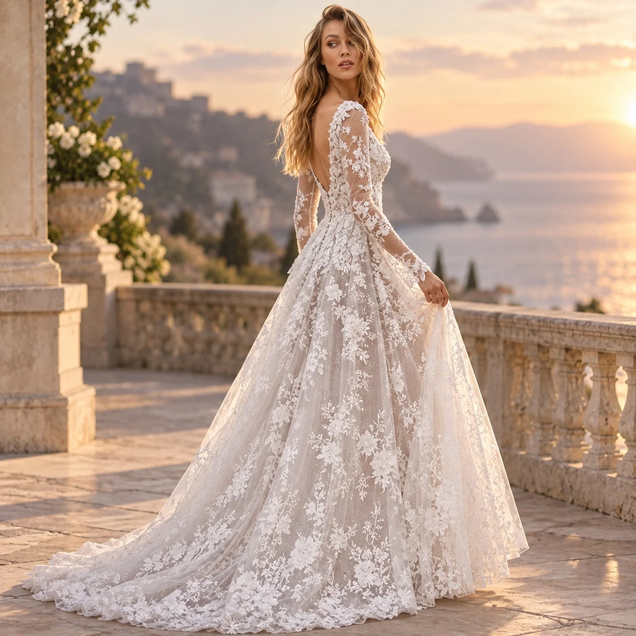 Beaded Long Sleeve Gown Mid Waist Elegant with Hollow Out Deep V Neck Maxi Length Regular Sleeve Long Dress Beach for Women