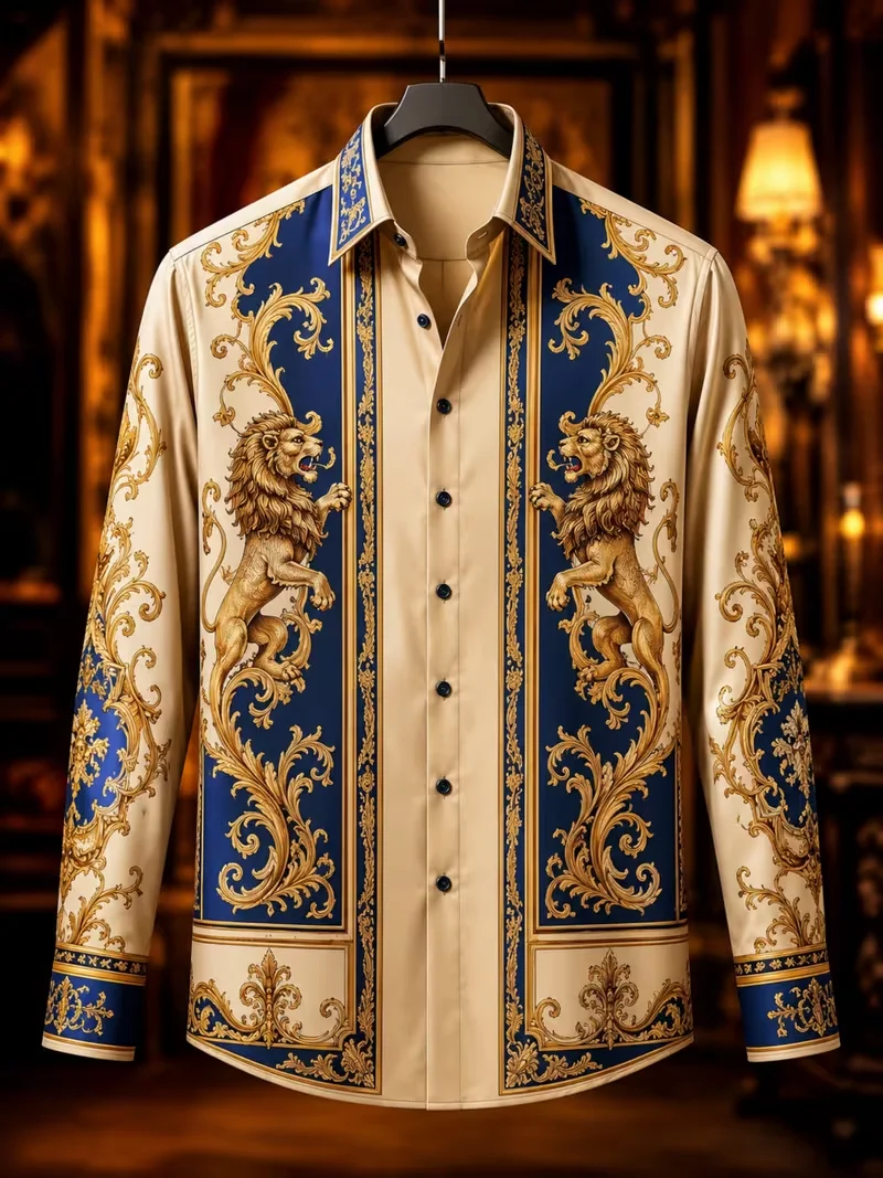 New Men's Gilded Lion Baroque Vine Symmetrical Vertical Strip Copy Flower Long Sleeve Shirt Satin Collar Top