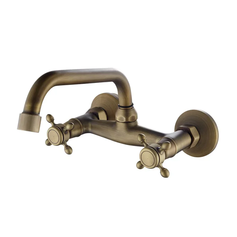 

Brass antique wall-mounted double-handle basin basin hot and cold faucet rotatable into wall double-hole kitchen sink faucet