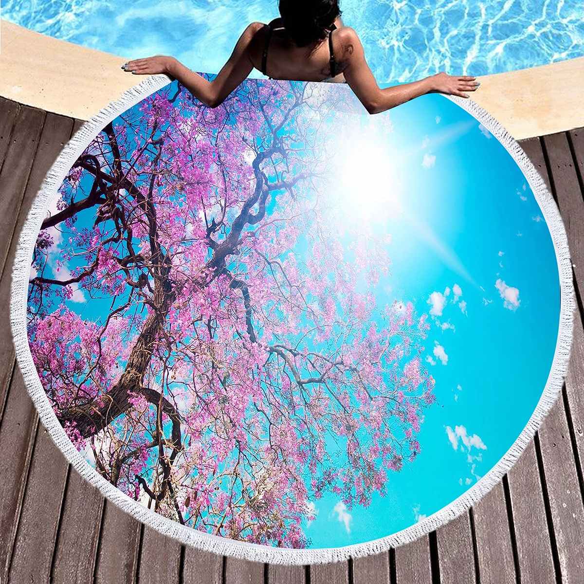 منشفة شاطئ مستديرة بزهر الكرز، شجرة زهر الكرز في الشمس، بطانية شاطئ مضادة للرمل، ماصة سريعة الجفاف، منشفة حمام سباحة ناعمة #3