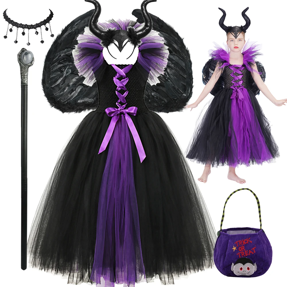 Maleficent Girls Dress Hand Knitted Skirt  Witch Evil Queen Dress Demon Luxurious Cosplay Costumes Carnival Maleficent Dress Up