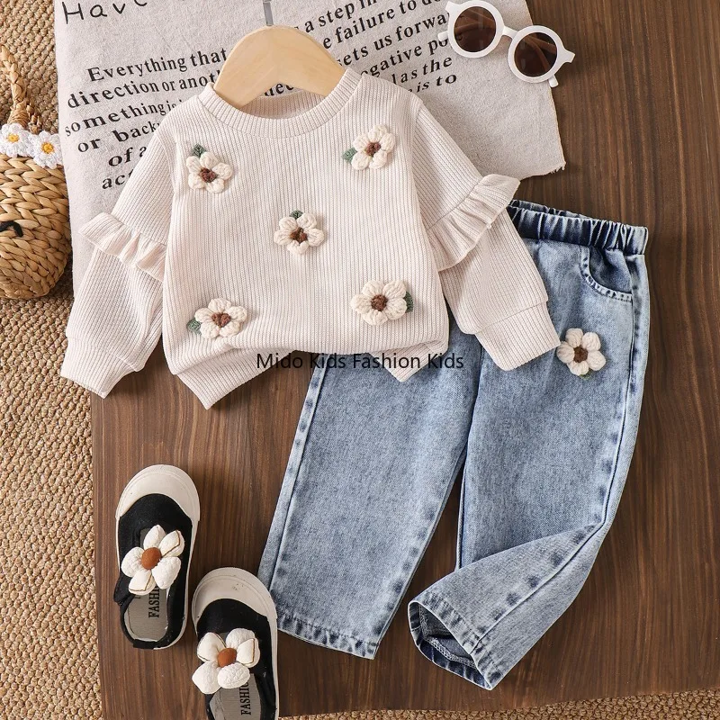

Пуловер в деревенском стиле для девочек, вязаный свитшот с длинными рукавами и цветочным принтом + комплект из двух потертых джинсовых брюк