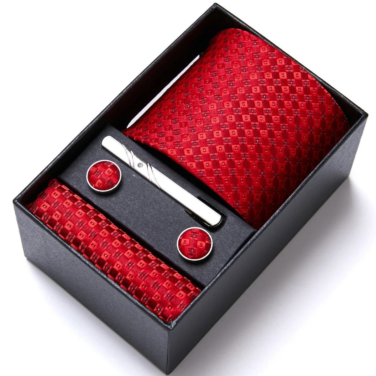 Tie For Men Wholesale Holiday Gift Tie Pocket Squares Cufflink Set Necktie Box Man Red Wedding Accessories Fit Group