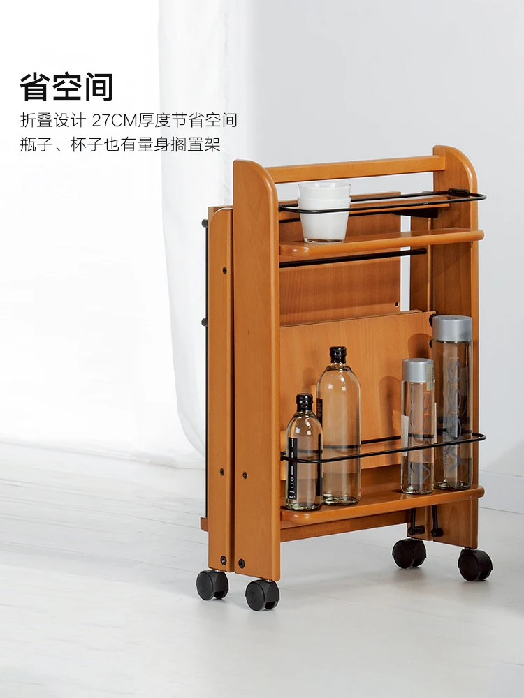Italian beech double-layer wooden storage cart, removable dining cart, household trolley storage rack