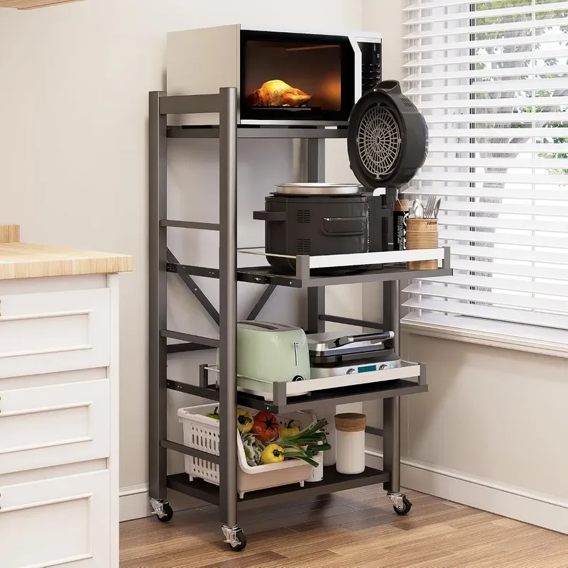 4-Tier Pull Out Baker's Rack Microwave Cart with Storage Metal Shelves 23.6''W