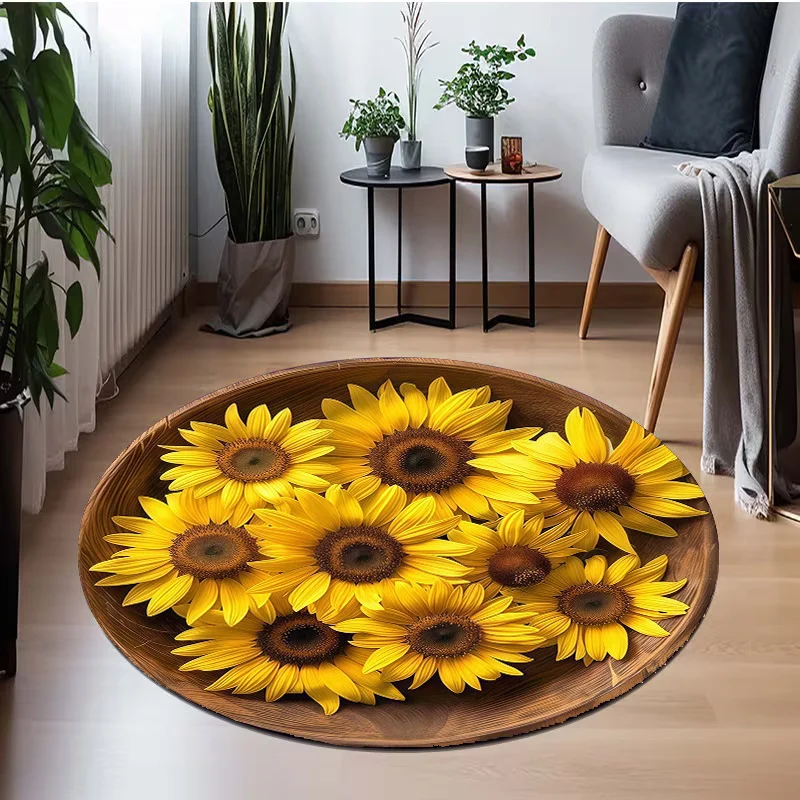Wooden Bowl Sunflower Flannel-printed round floor mats are slip-resistant Suitable living room bedroom terrace garden carpets