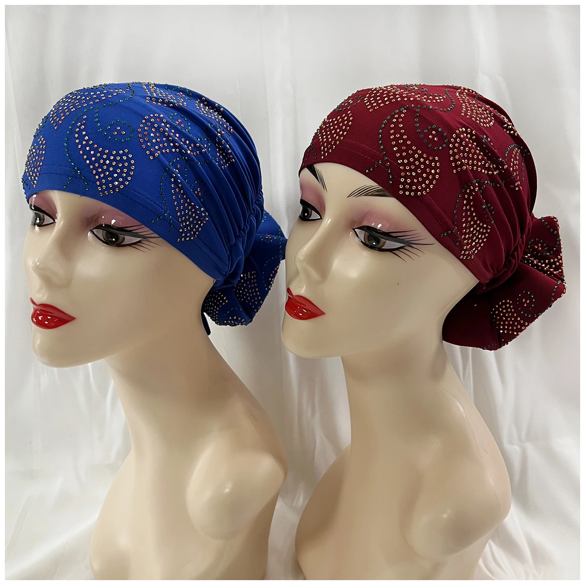 6/12 Pieces Wholesale Order Fashion Muslim Female Turban Hat Velvet Hot Rhinestone Solid Indian Beanie Hair Bonnet Cap For Women