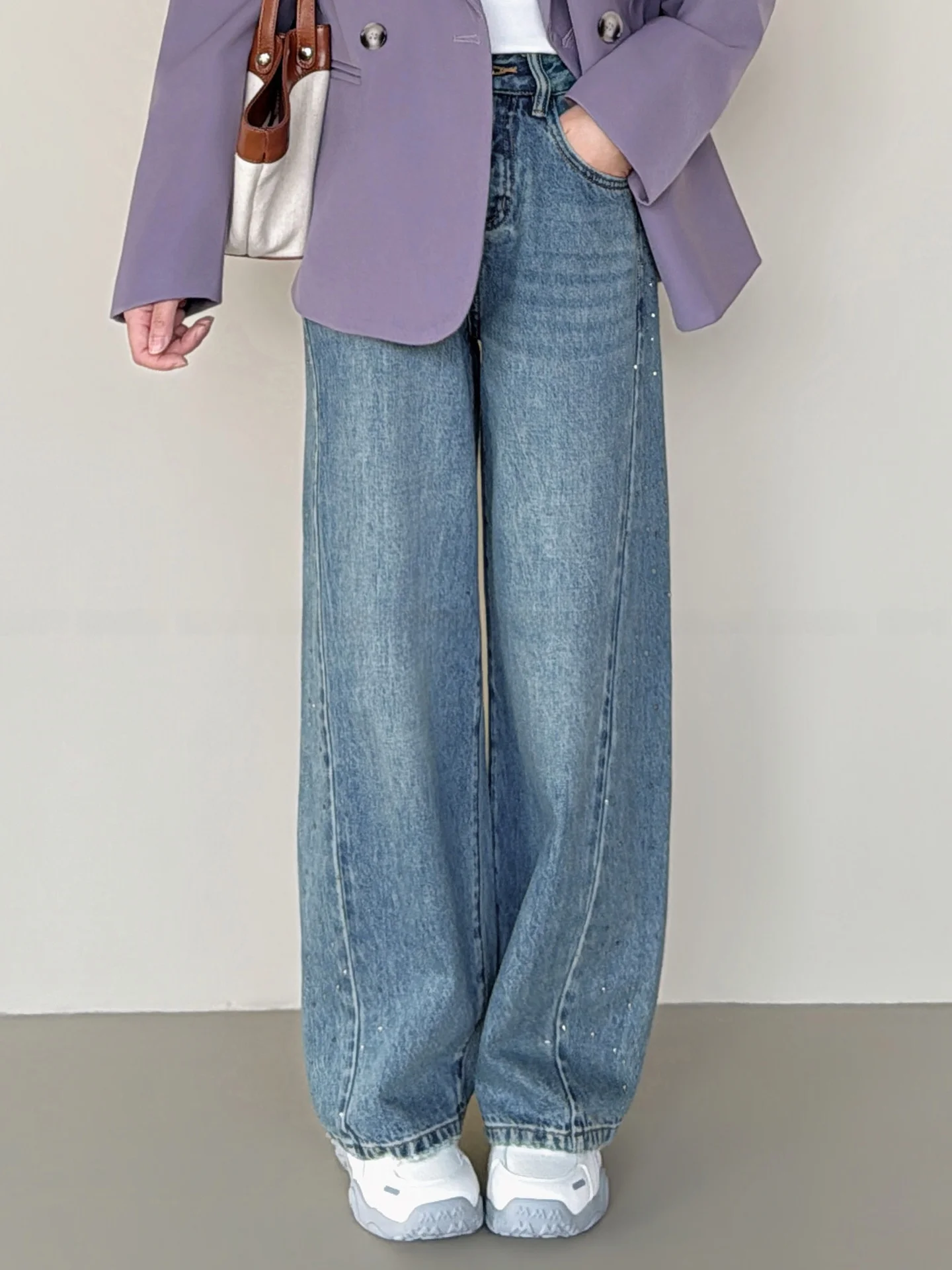 

Женские джинсы с высокой талией и прямыми штанинами, весна 2026, свободный крой, удобные джинсовые брюки, дизайнерская модель с термостразами