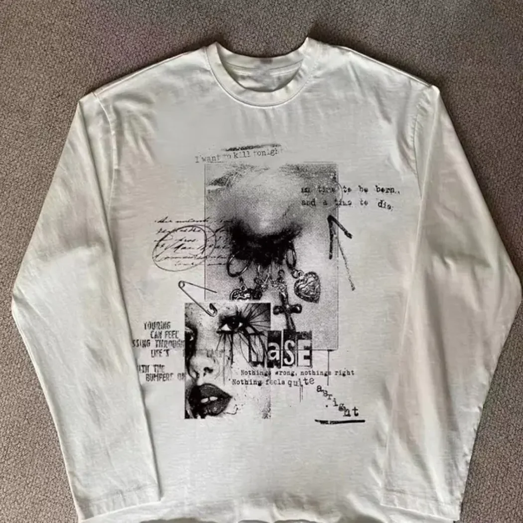 

Y2k Vintage Harajuku White Letter Print Long-sleeved T-shirt Casual Loose All-match Grunge Aesthetic Tops Men and Women Tees