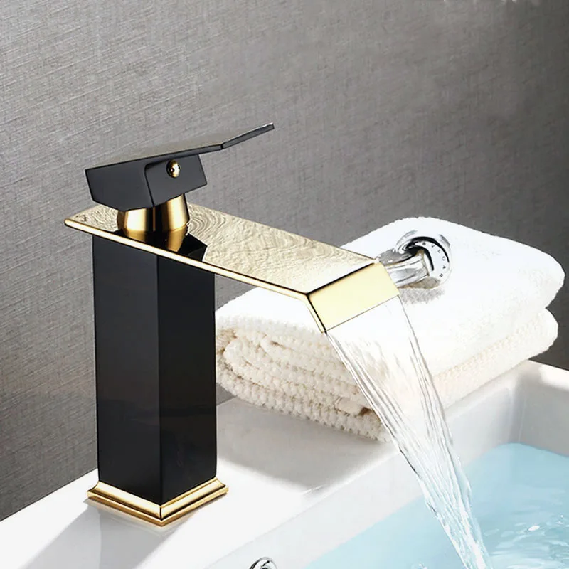 luxury Waterfall Basin  Faucet Deck Mounted Bathroom Sink Tap Black Cold and Hot Water Mixer Tap Vanity Vessel Sink  Faucets