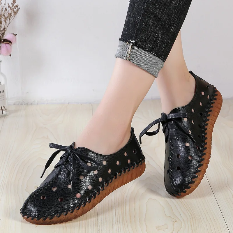 

Summer Women Sandals Genuine Leather Hollow Shoes Women Lace-up Leather Shoes Women Flats Casual Soft Sole Sneakers WSH4654