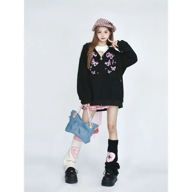 Black Gothic Chic Zipper Sweatwear Coat Women Clothing  Hooded Top Lace-up Butterfly Print Sweet Y2k Hoodies Long Sleeve