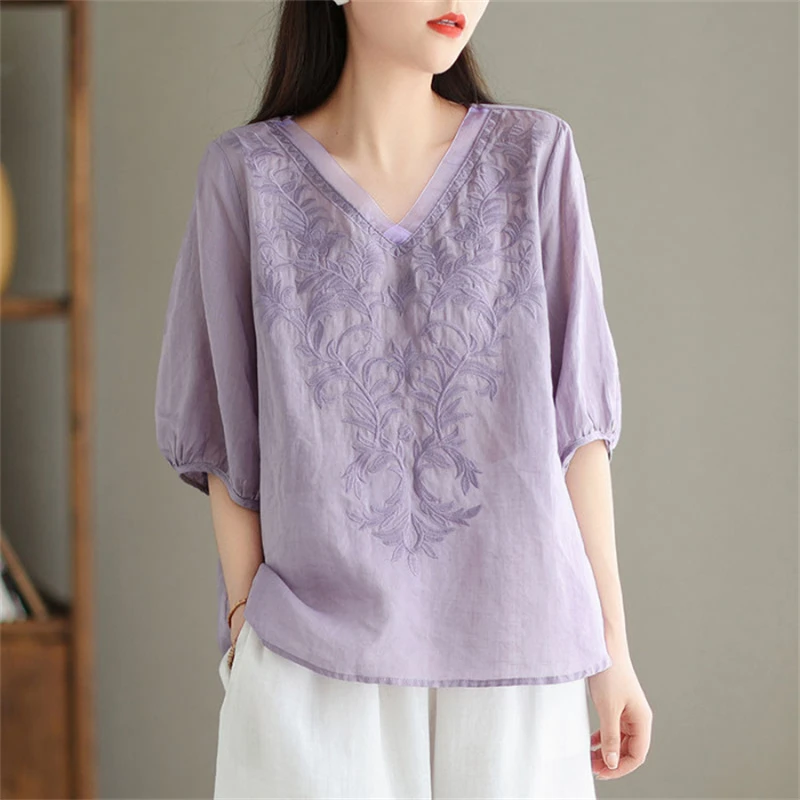 Women\'s Vintage Embroidery Half Sleeve Blouse 2024 Summer V-neck Loose Cotton Linen Shirt Simple Casual Solid Thin Tops Female