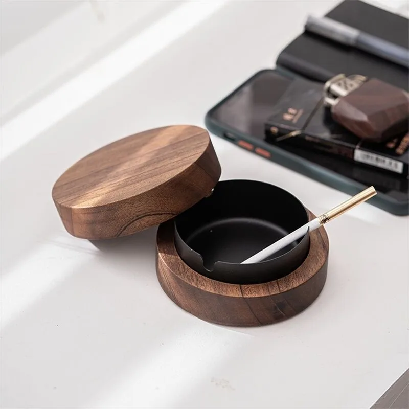 Creative Wood Ashtrays Lid Covered Windproof Ashtray With Stainless Steel Liner Indoor Outdoor Ash Tray For Home