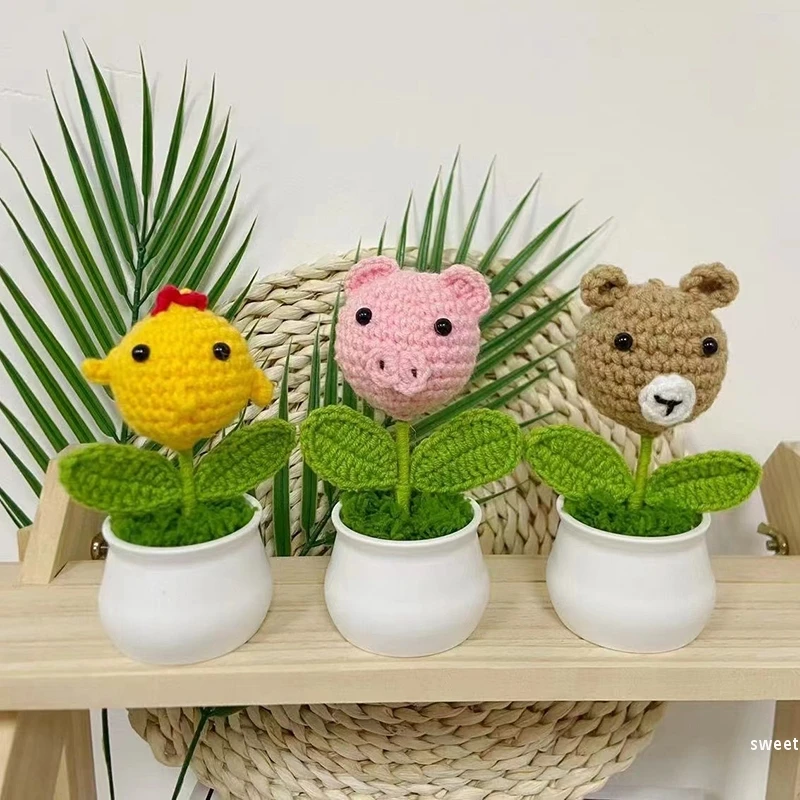 Crochet Handmade Flower Cartoon Animal Head Simulation Small Potted Office Desktop Car Decoration Ornament Creative Gift