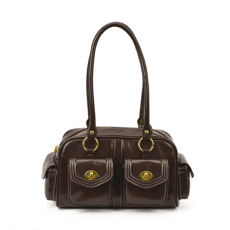 

Retro Motorcycle Style Boston Bag For Women Square Bag With Multi-pocket & Metal Round Buckle High-quality Commuter Shoulder Bag