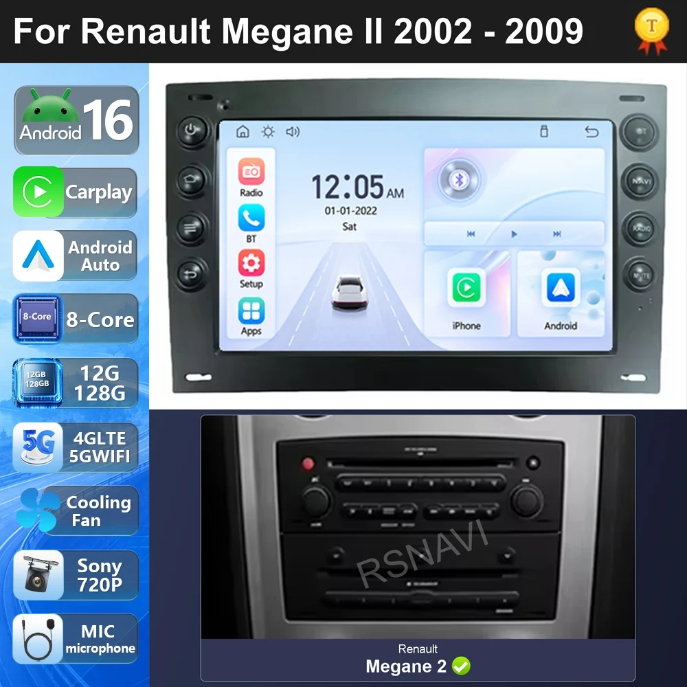 For Renault Megane II 2002-2009 Android 16 Car Radio Head Unit GPS WiFi FM AM RDS USB CarPlay Android Auto DSP BT 4G Navigation